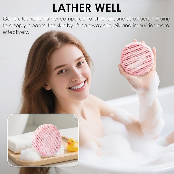 Pink Food-Grade Silicone Body Scrubber with Exfoliating Net Sponge Case