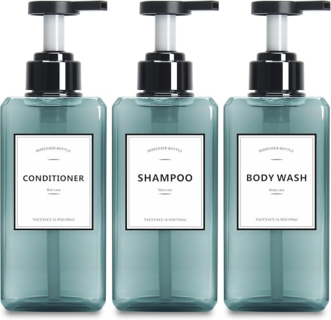 Soap Dispenser Bathroom, YACEYACE 16.9oz Set of 3 Clear Blue Shampoo Bottles, Refillable Pump Bottles Shampoo Dispenser, Soap Dispenser for Kitchen