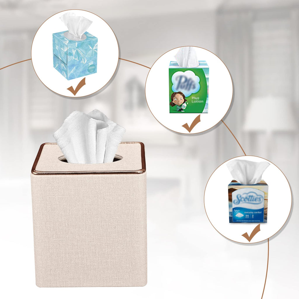 Tissue Box Cover, PU Leather Tissue Box Holder Square Box Covers for Home/Office/Car Decoration 5.3"X5.3"X5.8" - Beige