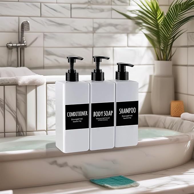 Shampoo and Shower Soap Dispenser - Shower Soap Dispenser -16.9 Fluid Ounce Set, 3 Plastic Bottles - Black Pump - Conditioner Dispenser, Suitable for Bathroom and Kitchen Soap Dispensers