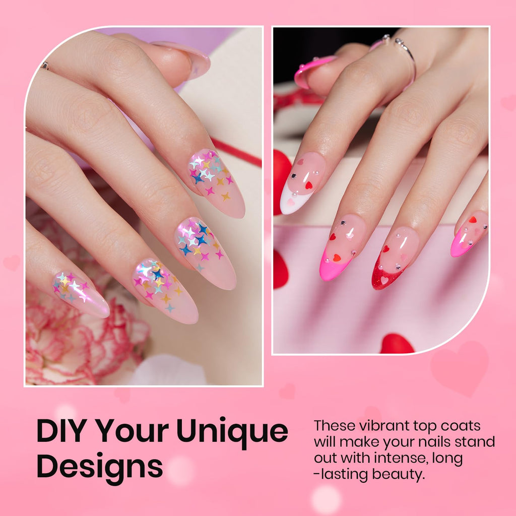 beetles Gel Polish 6Pcs Heart Star Reflective Glitter Gel Top Coat Set, Clear Pink Color Pastel Nail Polish No Wipe Top Coat Long Lasting Highly Shine Soak Off Uv Gel Art