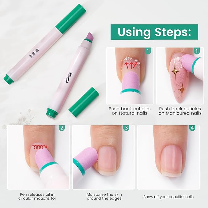 Ceramic Cuticle Oil Pusher Pen -3 in 1 Cuticle Remover Pen for Nails, Nail Care Buffer Pens with Micro-Dosin Oil for Hangnails, Dry & Damaged Nails, Moisturize Strengthen Brighten