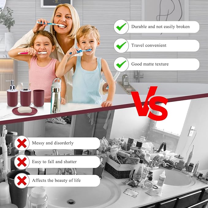 LGURT Red Bathroom Accessories Set, 4-Piece Plastic Bathroom Set with Soap Dispenser, Toothbrush Holder, Rinse Cup & Soap Dish, Bold Red Bathroom Decor for Home