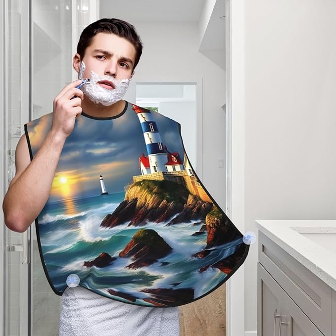 NOUZU Lighthouse Diamond Paint Print Beard Bib Apron For Men, Beard Hair Catcher For Men Shaving Trimming,Beard Cape Cloth, Black