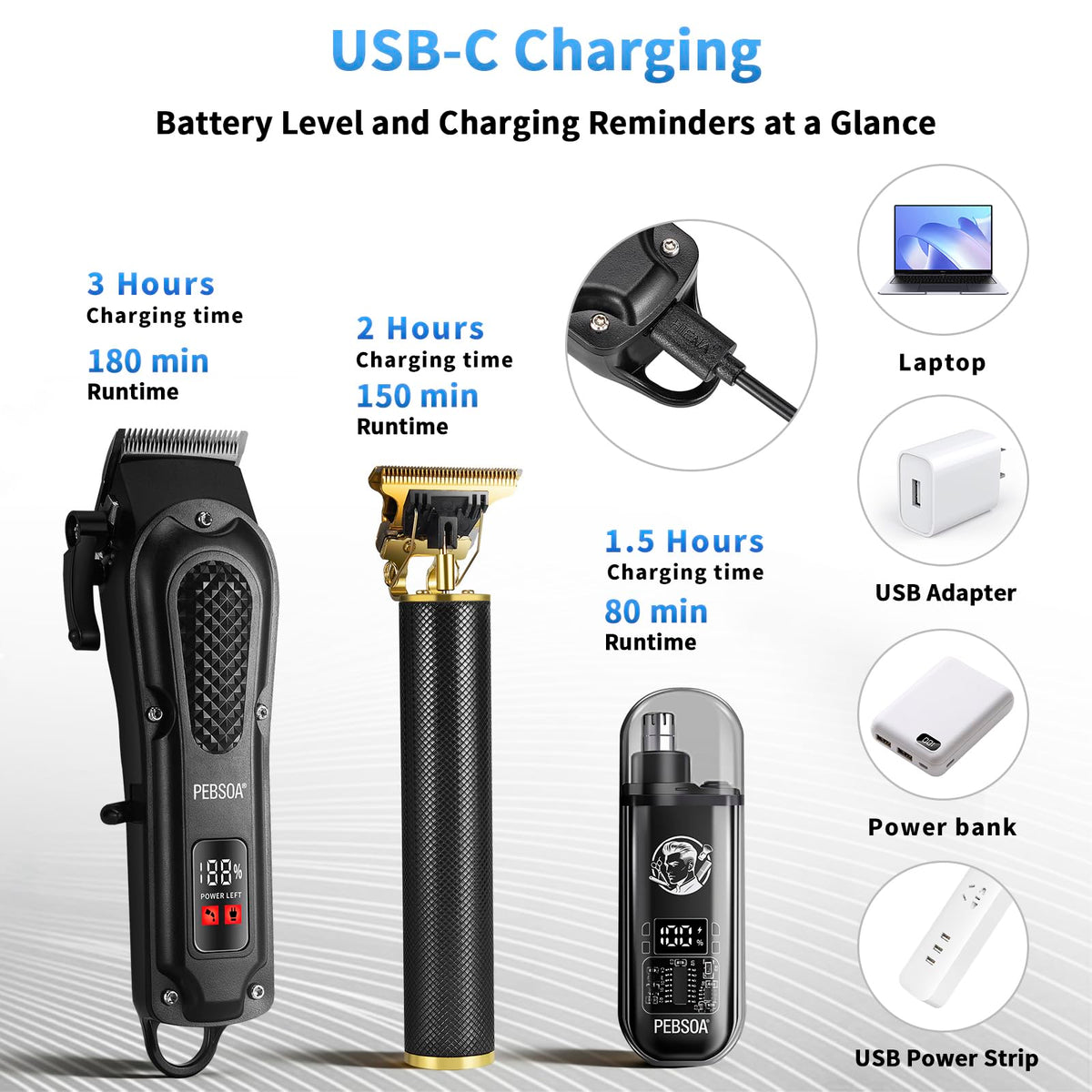 pebsoa Cordless Hair Clippers for Men, Clipper & Trimmer Kit with Nose Trimmer