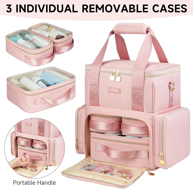Jaffzora Extra Large Makeup Bag,4 in 1 Cosmetic Storage Organizer Travel Case with 3 Detachable Pouches and Dividers,Pink
