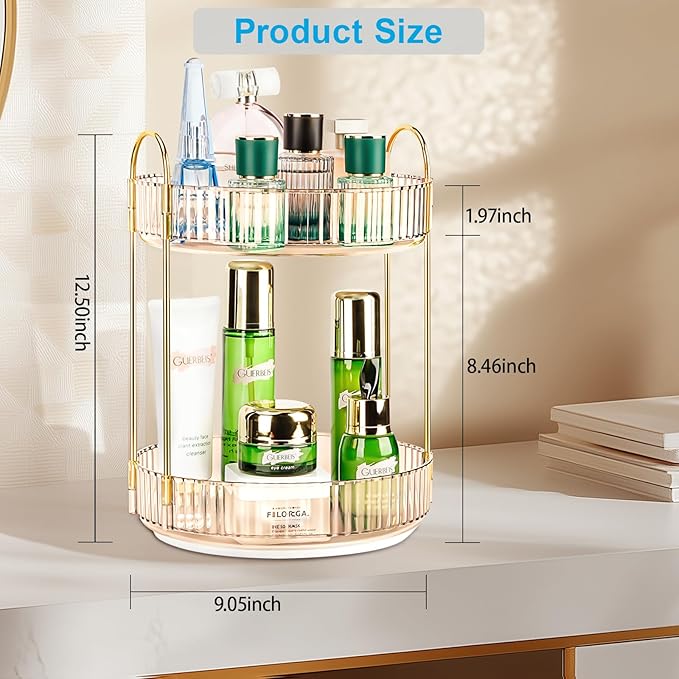 Niluks 360 Rotating Makeup Organizer - Large Capacity Spinning Perfume & Cosmetic Skincare Holder for Vanity & Countertop (Vibrant Orange, 2 Tier)