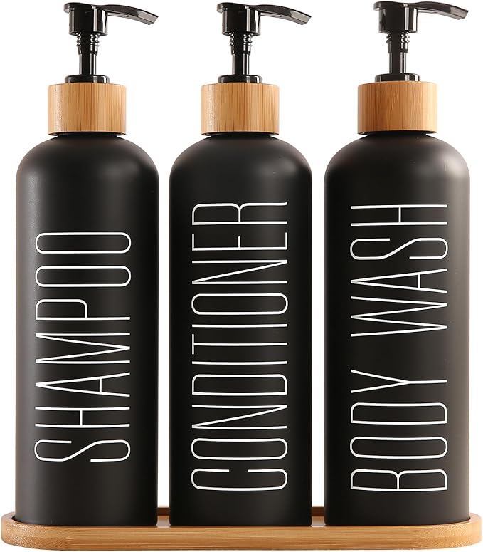 Prus Waso Shampoo and Conditioner Dispenser with Bamboo Pumps & Tray, Perfect for Bathroom Essentials for New Home (Black)