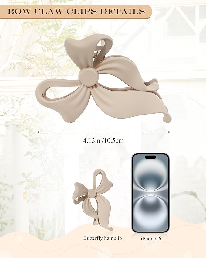 4 PCS Bow Hair Clips Bow Claw Clip for Women, Large Hair Claw Clips for Thin Thick Long Hair Cute Nonslip Bows (Black+Grey+Dark Brown+Light Brown)