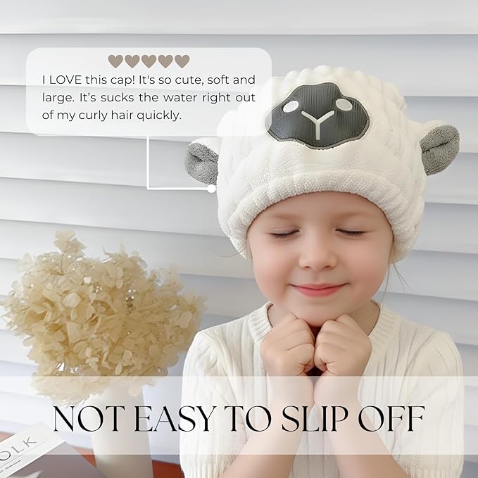 LCBD Microfiber Hair Towel Wrap for Kids, White Sheep Dry Hair Cap Suck Water, Absorbent Quick Girls Boys Hair Drying Towel, Lightweight Bouncy Hat Headscarf