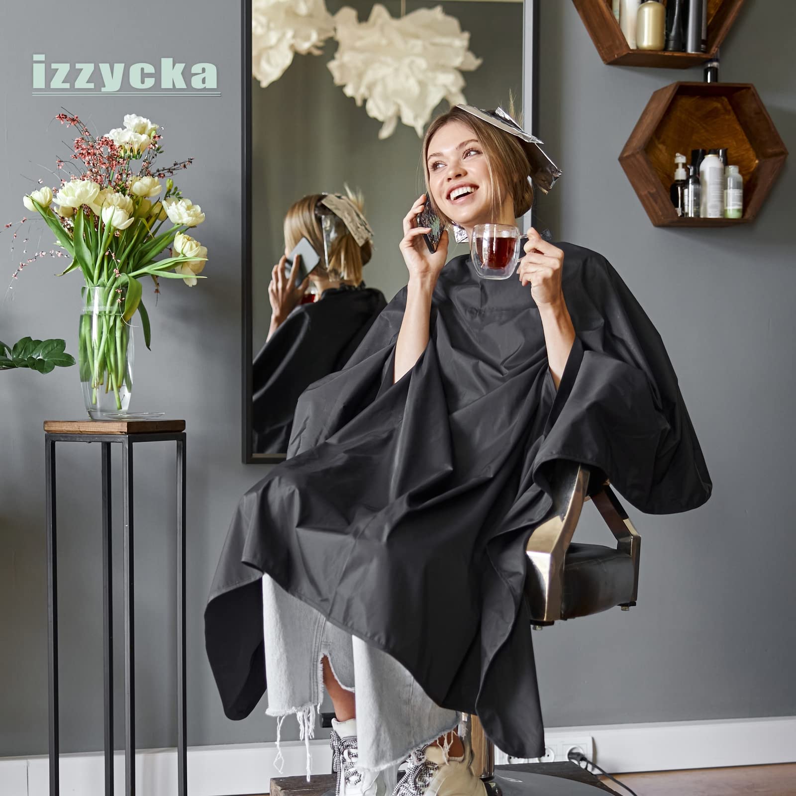 izzycka Professional Barber Cape With Armholes - Hands Free All Purpose 64"x56" Large Waterproof Salon Capes for Hair Stylist - Nylon Hair Cutting Cape For Hair Dye, Hair Color,Haircut - Black