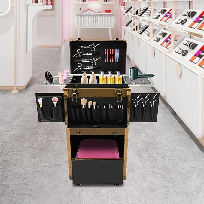 QUEWATSA Rolling Makeup Case Large Storage Cosmetic Trolley, Rolling Lockable Makeup Train Case, Stylist Beauty Salon Cosmetic Luggage Travel Organizer Tool Box with Hair Dryer Holder (Gold)