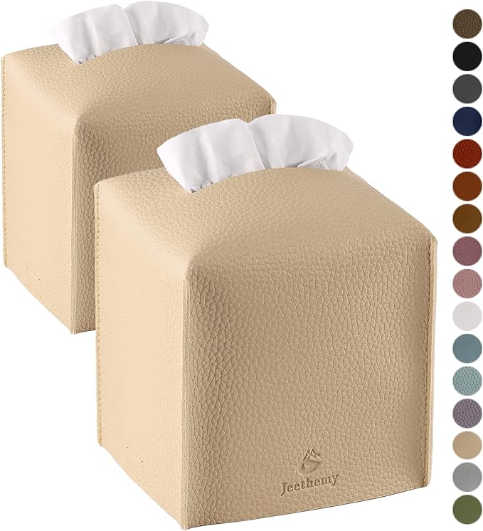 Tissue Box Cover, Jeethemy Square PU Leather Tissue Box Holder, Modern Tissue Case Facial Paper Organizer Dispenser，5X5X5'',Double Beige