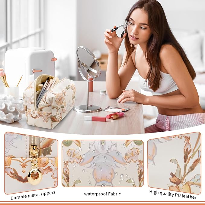 Gosect Floral Waterproof Makeup Bag, Leather Cosmetic Bag with Compartments, Zipper Make up Pouch Organizer, Portable Storage Travel Toiletry Bag Gifts for Women Girls(Rose Red Flower)