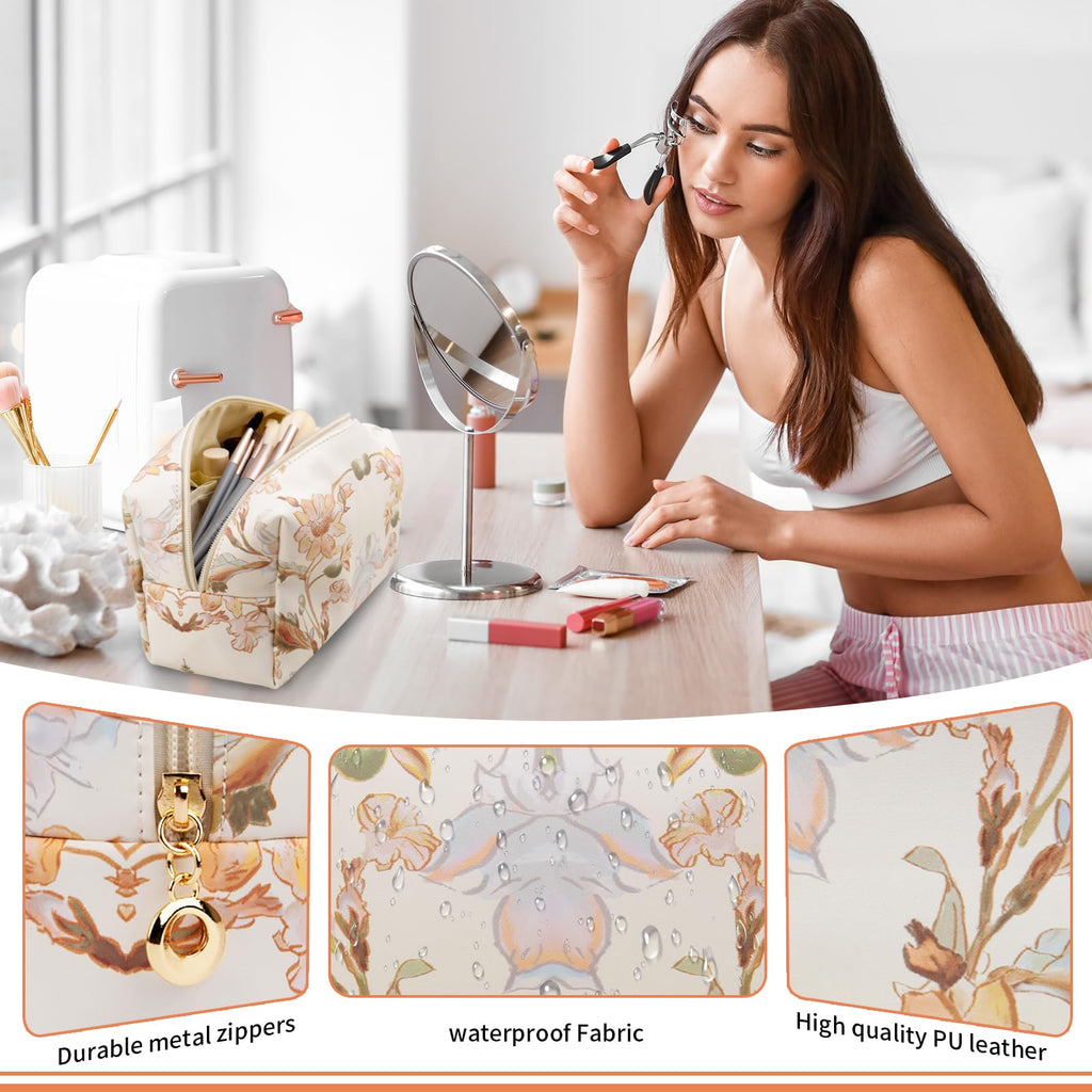 Gosect Floral Waterproof Makeup Bag, Leather Cosmetic Bag with Compartments, Zipper Make up Pouch Organizer, Portable Storage Travel Toiletry Bag Gifts for Women Girls(Rose Red Flower)