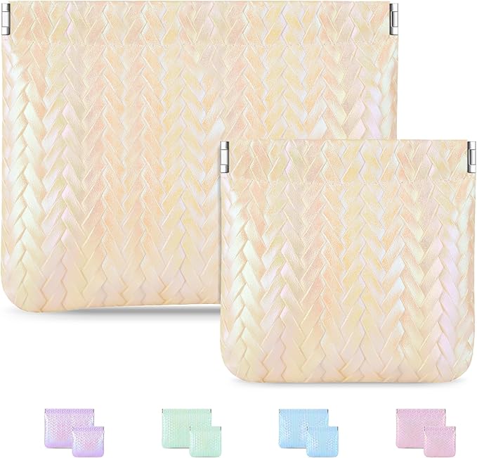 MXXUUOOM 2 Pack Small Makeup Bag for Purse Leather Cosmetic Pouch Organizer, Snap Closure Holographic Woven Makeup Bag, Mini Lipstick Coin Pouch, Travel Makeup Organizer for Women yellow