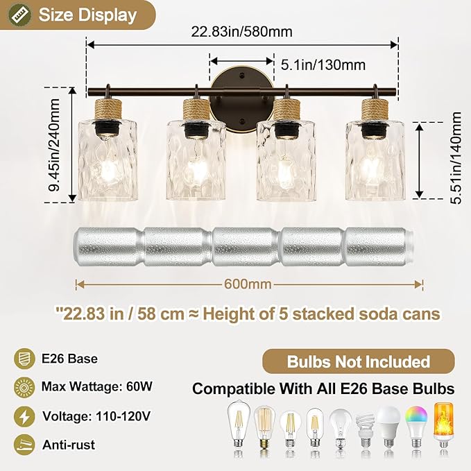 Bathroom Light Fixtures, 4-Light Coastal Vanity Lights with Crystal Glass Shade, Oil-Rubbed Bronze Bathroom Wall Lamp for Mirror Kitchen Hallway Cabinet