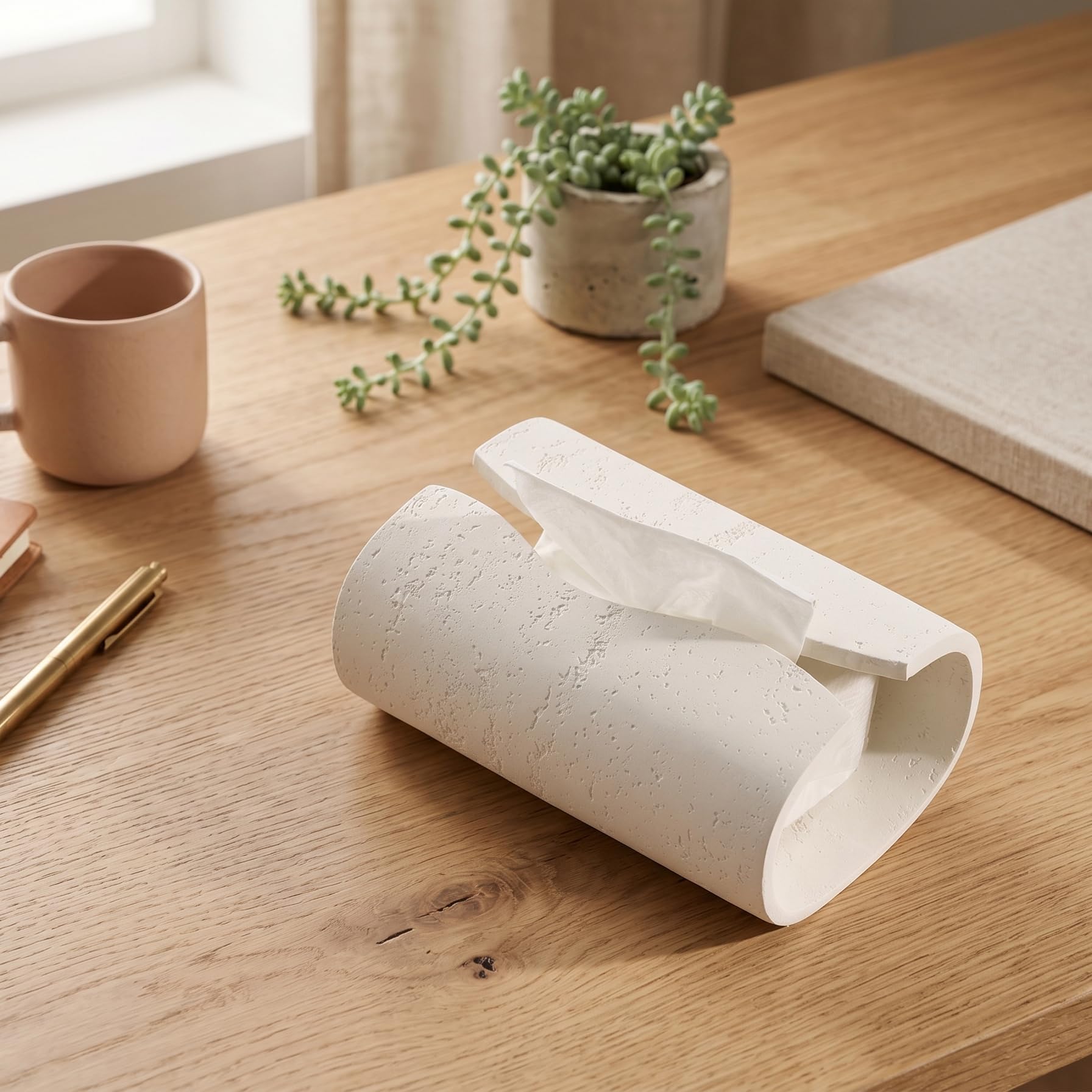 Haocoott Tissue Box Cover Rectangle, Travertine Look, Curved Open, Cream