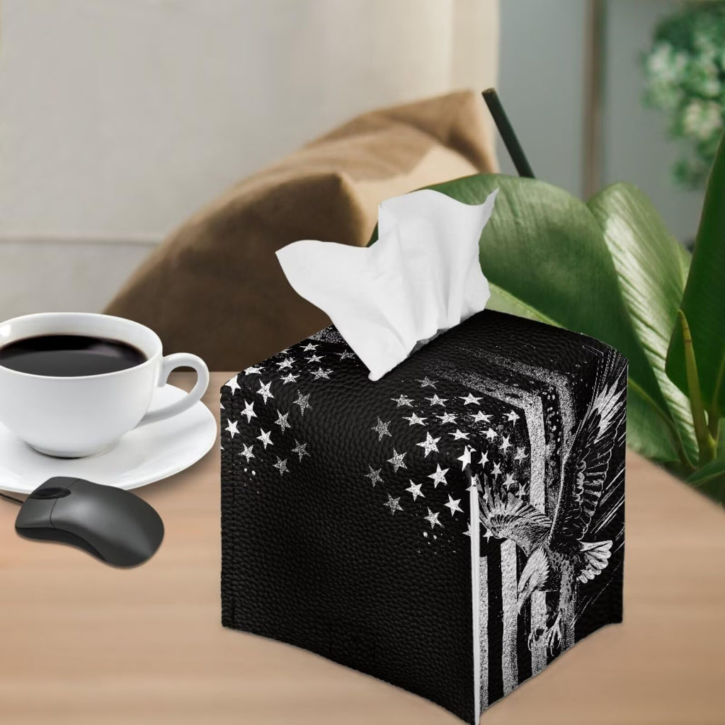 Pzuqiu American Flag Eagle Portable Tissue Box Holder, Lightweight PU Leather Square Tissue Cover with Metal Button, Easy Refill Waterproof Napkin Dispenser for Travel, Car, Office, and Bedroom
