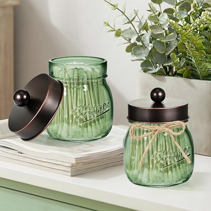 SheeChung Green Glass Qtip Holder Dispenser, Mason Jar Apothecary Jars with Lids, Bathroom Organizers and Storage, Vanity Countertop Canisters Set for Cotton Swab, Ball, Pad, Floss Pick-ORB, 3 Pack