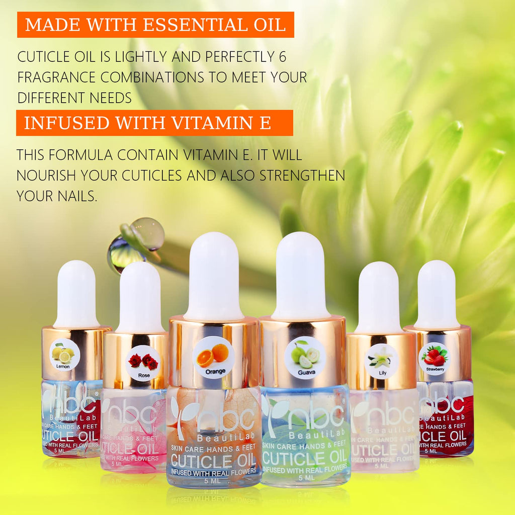 NBC BeautiLab Cuticle Oil Set - 6pcs with Flowers, Vitamin E for Nail Repair & Strengthening