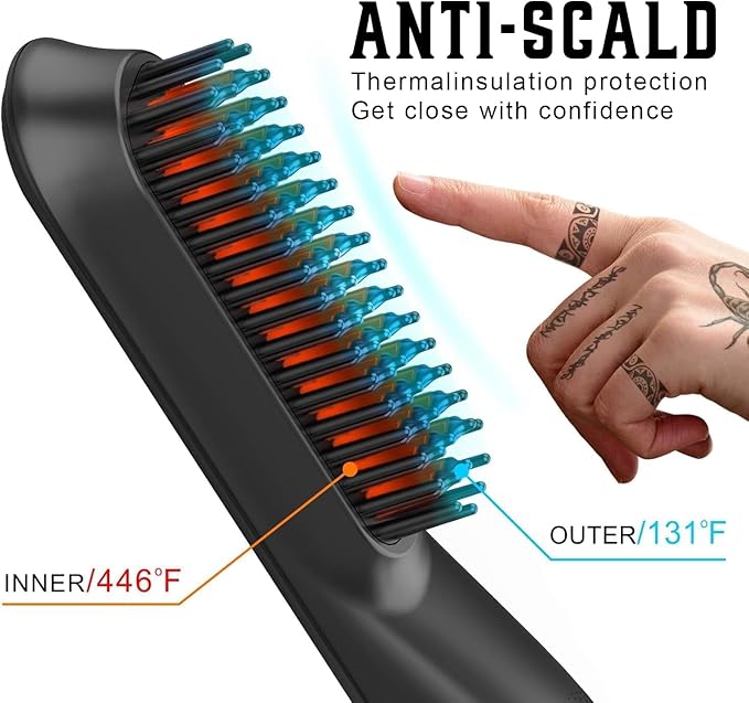 FEBOTE Heated Ionic Hair Straightening Brush for Men - 5 Temperature Settings, Anti-Scald, Beard Shaper & Travel Bag
