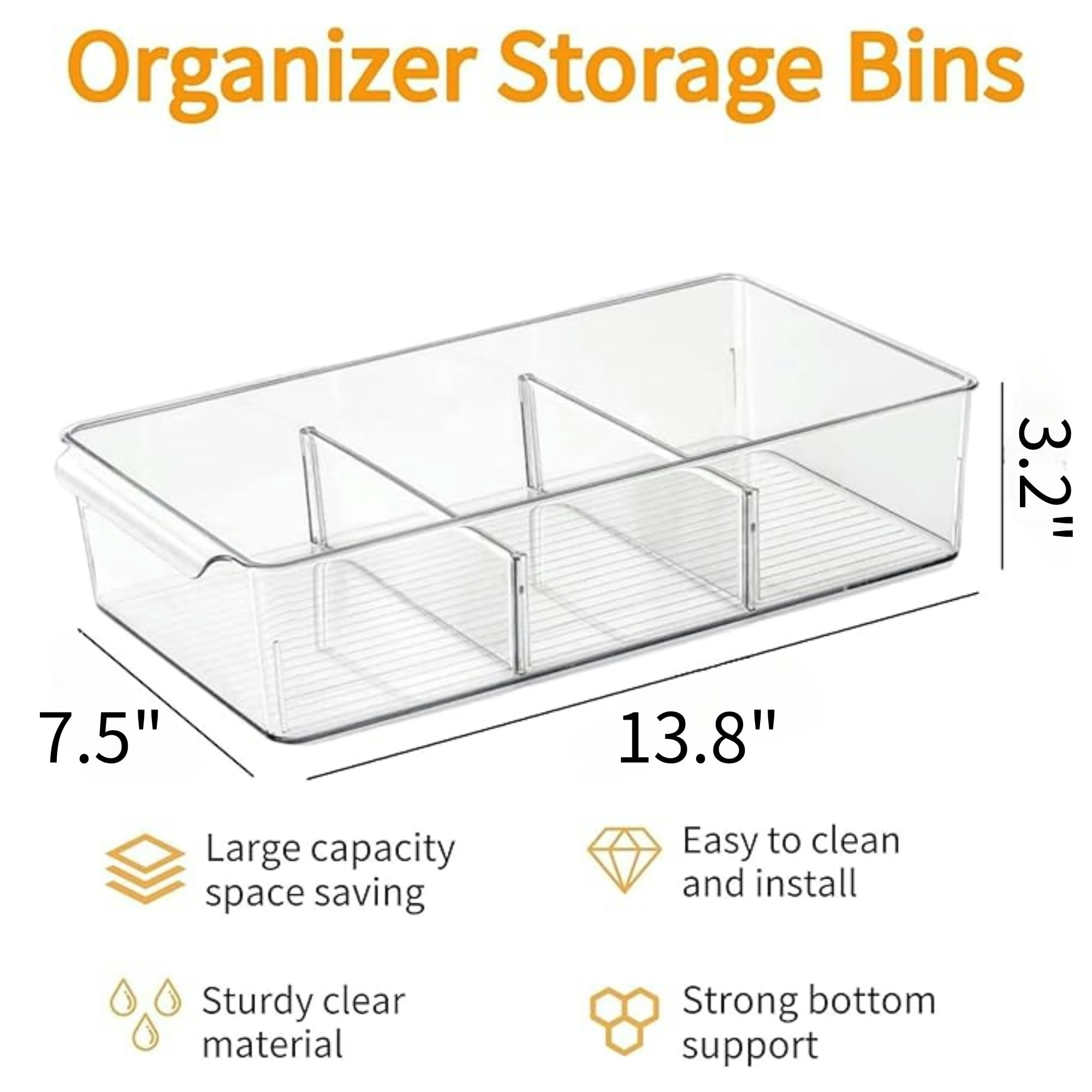 vacane Plastic Pantry Organization and Storage Bins with Removable Dividers, Pantry Organization Refrigerator Organizer Bins, Cabinet Organizers, 2 Pack 13.8" XL