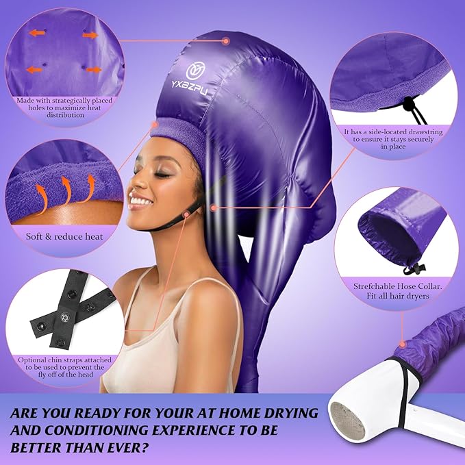 Bonnet Hair Dryer,Hooded Dryer Attachment,Hair Dryer Hooded Diffuser Cap for Curly,Speeds Up Drying Time,Safety Deep Conditioning,Styling,Curling At Home(Purple)