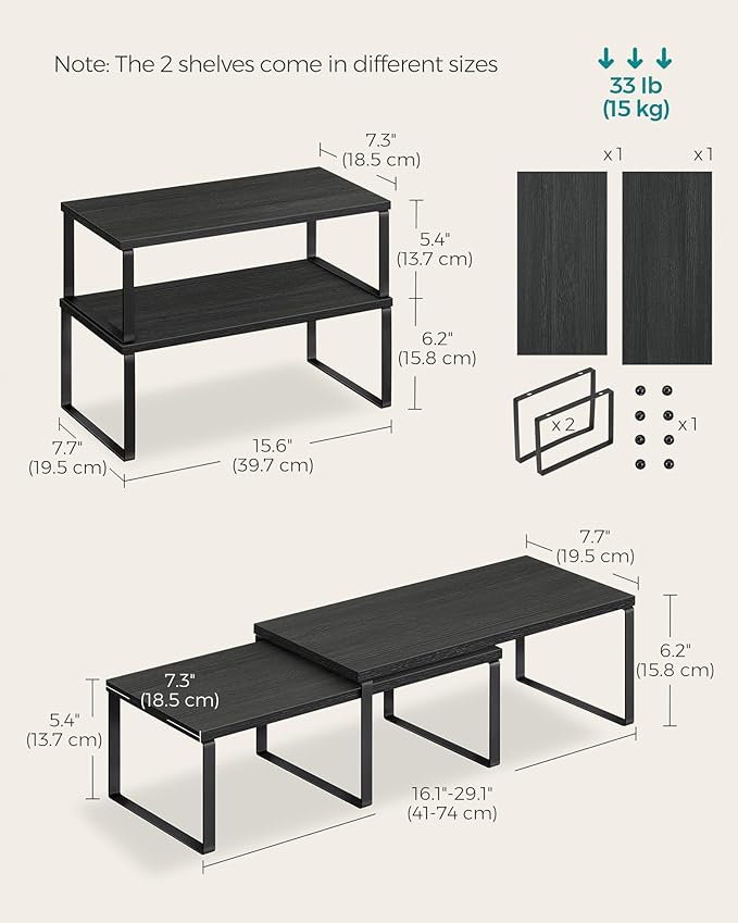 SONGMICS Cabinet Organizer Shelf, Set of 2 Kitchen Counter Shelves, Kitchen Storage, Spice Rack, Stackable, Expandable, Metal and Engineered Wood, 15.6 Inches, Ink Black and Charcoal Black UKCS025B01