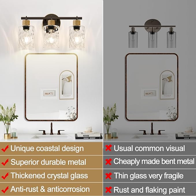 Bathroom Light Fixtures, 3-Light Coastal Vanity Lights with Crystal Glass Shade, Oil-Rubbed Bronze Bathroom Wall Lamp for Mirror Kitchen Hallway Cabinet