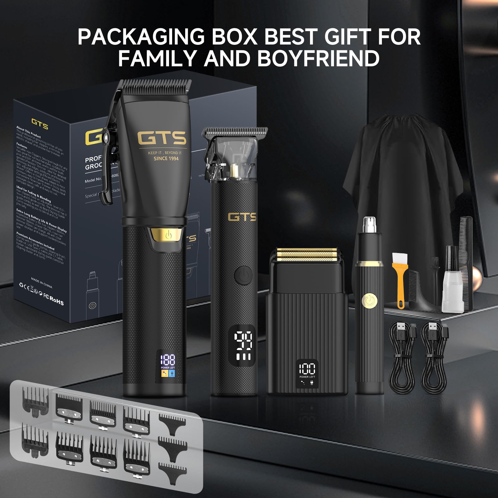 GTS Hair Clippers for Men Professional, Beard Trimmer Kits & Sets, Cordless Mens Hair Trimmer, Electric Shavers, Haircutting Machine with LED Display, for Barber 4 in 1