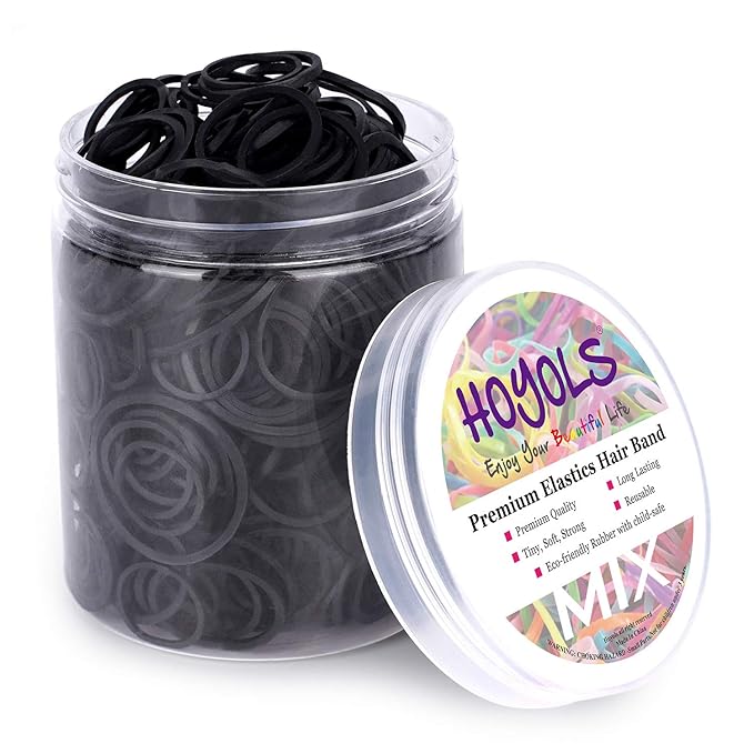 HOYOLS Assorted Size Small Rubber Bands for Black Elastics Hair Ties Braiding Ponytail Holders Mixed Size Mini Rubberbands for Girls Thick Hair No Damage 600pcs (MIX)