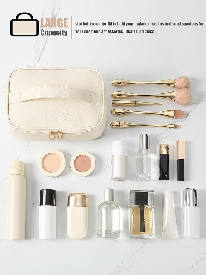 Meiyuuo Travel Makeup Bag for Women, PU Leather Cosmetic Bag, Beige
