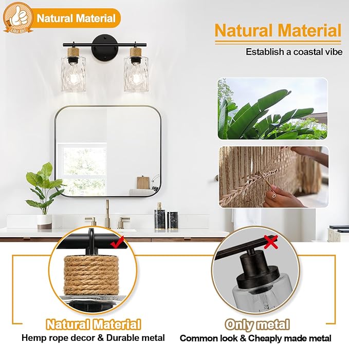 Bathroom Light Fixtures, 2-Light Coastal Vanity Lights with Crystal Glass Shade, Black Bathroom Wall Lamp for Mirror Kitchen Hallway Cabinet