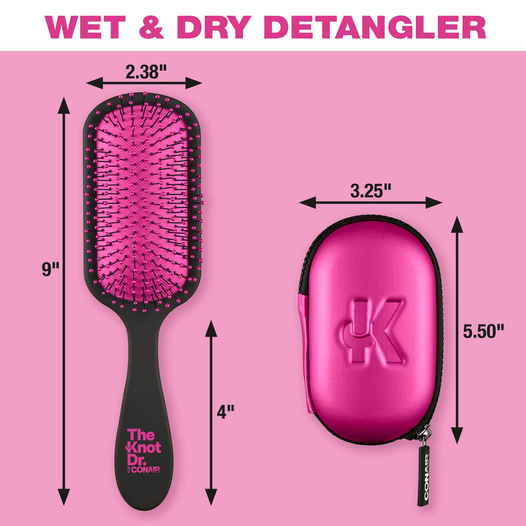 The Knot Dr. hair brush by Conair - Detangling hair brush - Removes Knots and Tangles in wet or dry hair- Black Neon w/Travel Case - Pink