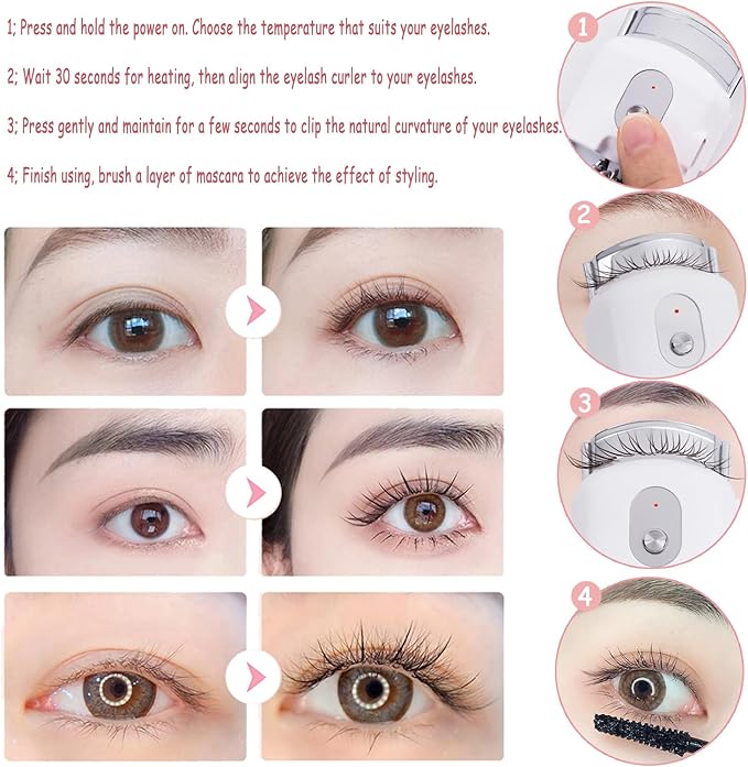 Heated Eyelash Curler, Metal Version, 3 Heating Modes, Rechargeable, Electric Eyelash Curler for Quick Natural Curling & Long Lasting (Pink)