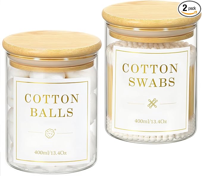 Luxspire 2 Pack Glass Qtip Holder Dispenser, 13.4 oz Cotton Swab Holder with Bamboo Lids, Glass Apothecary Jars Bathroom Accessories Canisters for Cotton Swabs, Balls, Pads, Floss Picks