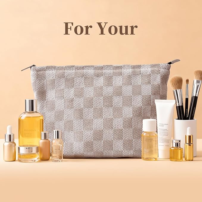 itgowisa Khaki Checkered Makeup Bag, Travel Makeup Pouch for Women, Purse