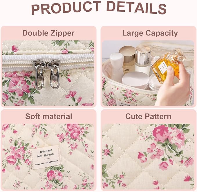 GISMTR 3Pcs Cotton Quilted Makeup Bag Large Travel Cosmetic Bag Coquette Makeup Pouch Cute Aesthetic Floral Toiletry Bag for Women Girls (flower-M)