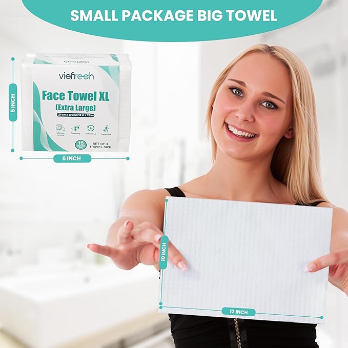 Disposable Face Towel Travel Pack – XL 10"×12" Face Towelettes Disposable, Ultra-Soft & Thick Travel Face Wipes for Sensitive Skin, Makeup Remover Dry Wipes, 15 Towels per Pack – Visfresh (3 Packs)