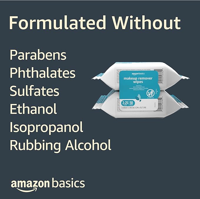 Amazon Basics Makeup Remover Wipes, Hydrating Facial Cleansing, Hyaluronic Acid, Dermatologist Tested, Plant Based, Alcohol-Free, Removes Waterproof Mascara, 25 Count, 2-Pack