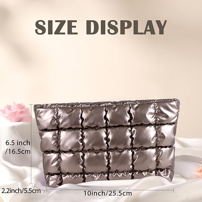 HFLZBRO Puffy Quilted Makeup Bag, Cosmetic Bag, Travel Toiletry Organizer Pouch, Clutch for Women (Gold)