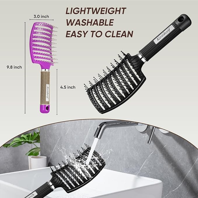 Kertiberif 2 Pack Curved Vented Detangling Brush for Wet and Dry Hair, Paddle Styling Hair Brush for Faster Blow Drying, Detangler Brush for Women Men Curly Thick Hair