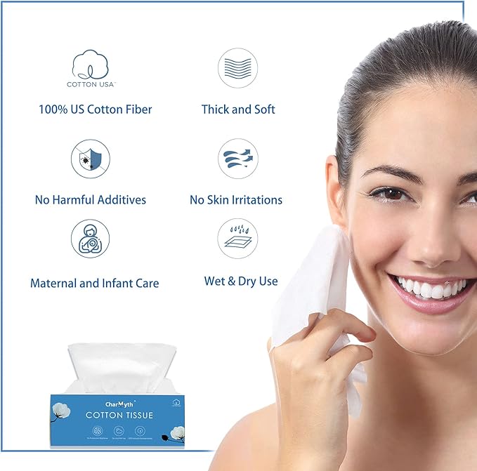 Charmyth Extra Thick Disposable Face Towel, Disposable Makeup Removing Wipes, 100% USA Cotton and 100% Organic & Cruelty Free, Lint-Free Cotton Tissues for Sensitive Skin 100 Count