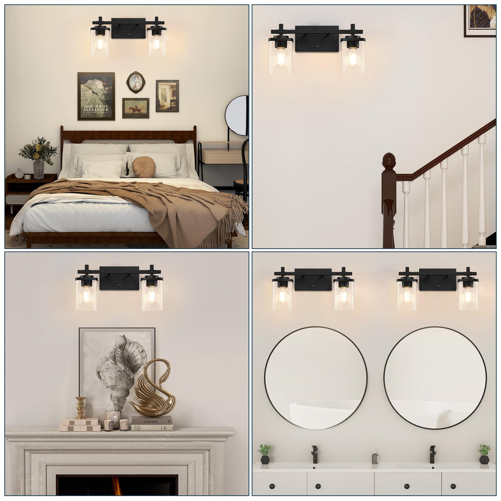 Spiglamm 2-Lights Bathroom Vanity Lights, Matte Black Vanity Light Fixtures Over Mirror, Modern Wall Sconces with Clear Glass Shade, Wall Light Fixture for Bedroom Hallway Living Room
