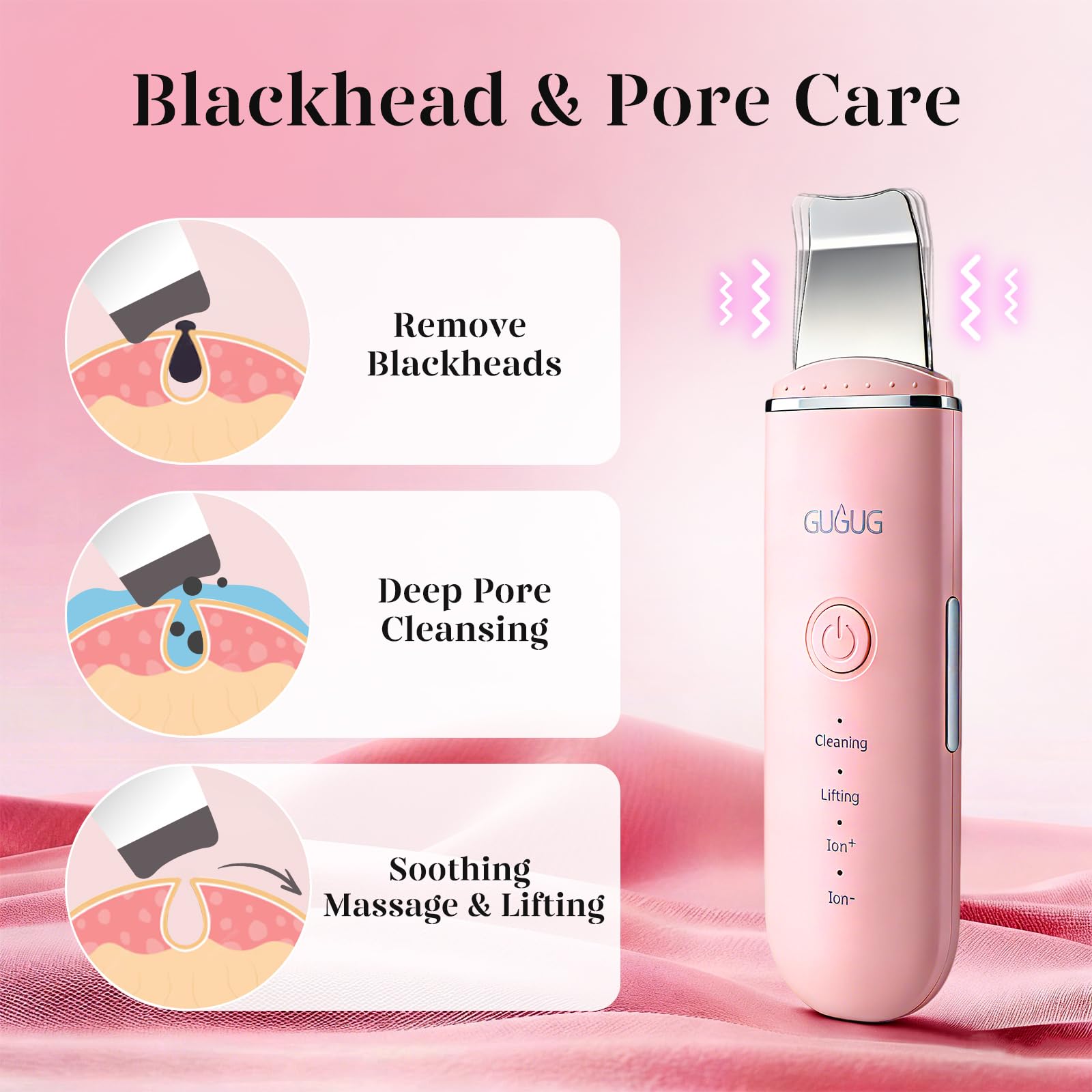 GUGUG Skin Scrubber Spatula Pore Cleaner Blackhead Remover, 4 Modes, Pink