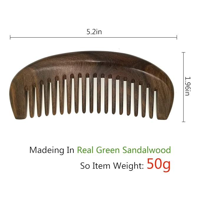 Real Natural Green Sandalwood Wooden Wide Tooth Comb for Curly Hair/Beard Pick Comb - NO SNAGS,NO STATIC,NO TANGLE (Wide tooth comb)