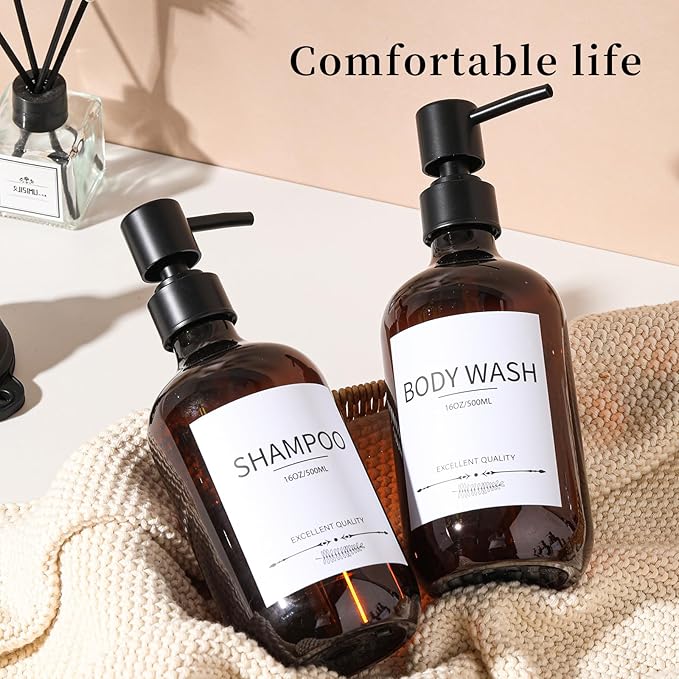 Mithrgrous Shampoo and Conditioner Bottles(5Pack),Shampoo Dispenser for Shower,Bottles Refillable with Pump,Bathroom Dispenser Sets(Amber)