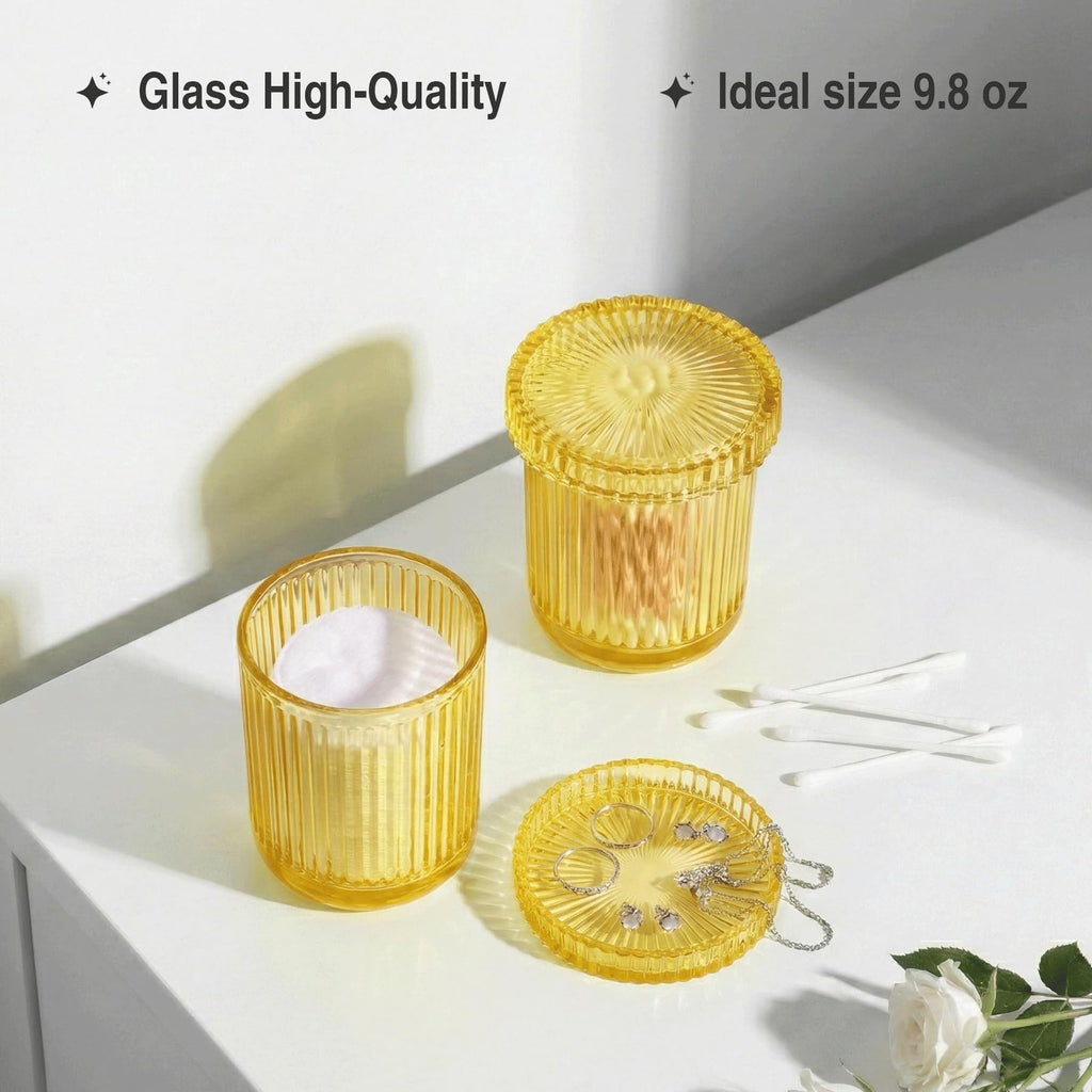 MKOSAB 2 Pack Qtip Holder - Apothecary Jars with Lids, Bathroom Organizers and Storage Canister for Cotton Balls,Swabs,Floss Picks,Hair Ties,Clear Glass Vintage Bathroom Decor Jar Set (yellow)