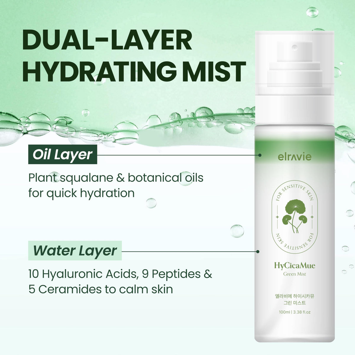 elravie HyCicaMue Green Face Mist | Calming Spray | 3.38 oz (100ml)